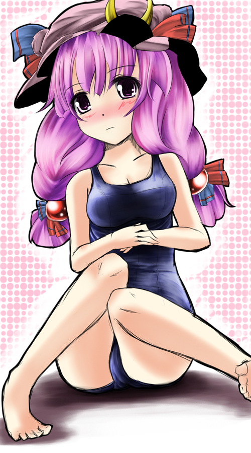 r0g0b0, patchouli knowledge, touhou, bad id, bad pixiv id, 1girl, barefoot, blush, braid, female focus, hat, long hair, one-piece swimsuit, purple eyes, purple hair, school swimsuit, sitting, solo, swimsuit, twin braids