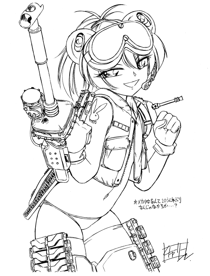 kasamoto eri, metal slug, snk, artist request, gloves, goggles, jacket, mecha musume, military, monochrome, panties, tattoo, underwear, weapon