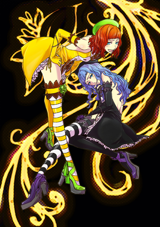 mz, furfur, zepar, 07th expansion, no naku koro ni (series), umineko no naku koro ni, bad id, bad pixiv id, 00s, 1boy, 1girl, asymmetrical legwear, crossdressing, flower, green flower, green rose, mismatched legwear, purple flower, purple rose, rose, thighhighs, trap