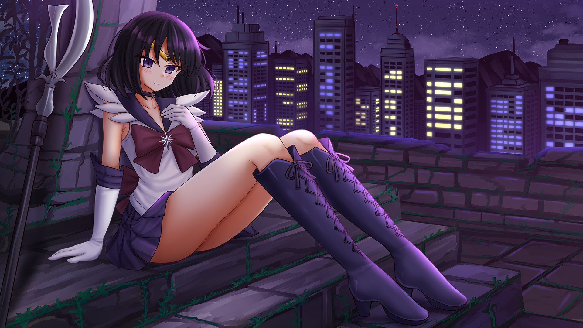 kazenokaze, sailor saturn, tomoe hotaru, bishoujo senshi sailor moon, commentary, commission, english commentary, highres, 1girl, ass, black hair, blush, boots, bow, brick wall, brown bow, building, circlet, closed mouth, elbow gloves, gloves, high heel boots, high heels, knees up, lace-up boots, mountain, night, outdoors, pleated skirt, purple boots, purple eyes, purple hair, purple sailor collar, purple skirt, sailor collar, shirt, sitting, skirt, sky, smile, solo, star (sky), starry sky, white gloves, white shirt