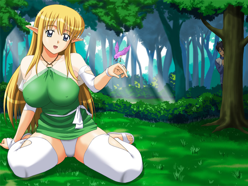 satou chagashi, hiraga saito, tiffania westwood, zero no tsukaima, 00s, blonde hair, blue eyes, breasts, bridal gauntlets, elf, huge breasts, long hair, panties, pantyshot, pointy ears, sitting, thighhighs, underwear, voyeurism