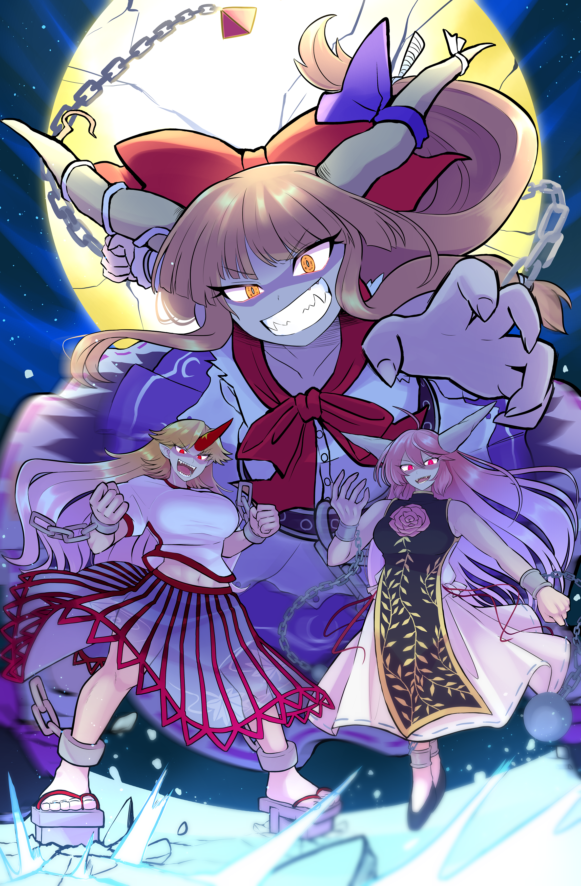 elaphe guttata6, hoshiguma yuugi, ibaraki kasen, ibuki suika, touhou, absurdres, commentary request, highres, 3girls, ankle cuffs, black shoes, black tabard, blonde hair, bow, breasts, chain, cuffs, evil grin, evil smile, fingernails, flower, full moon, giant, giantess, glowing, glowing eyes, gold trim, grin, hair bow, handcuffs, horn ornament, horn ribbon, horns, large breasts, leaf print, long hair, moon, multiple girls, night, oni, orange eyes, orange hair, pink hair, platform sandals, purple ribbon, purple skirt, reaching, red bow, red eyes, ribbon, rose, sandals, see-through clothes, see-through skirt, sharp fingernails, sharp teeth, shirt, shoes, single horn, skirt, smile, tabard, teeth, white shirt, white skirt