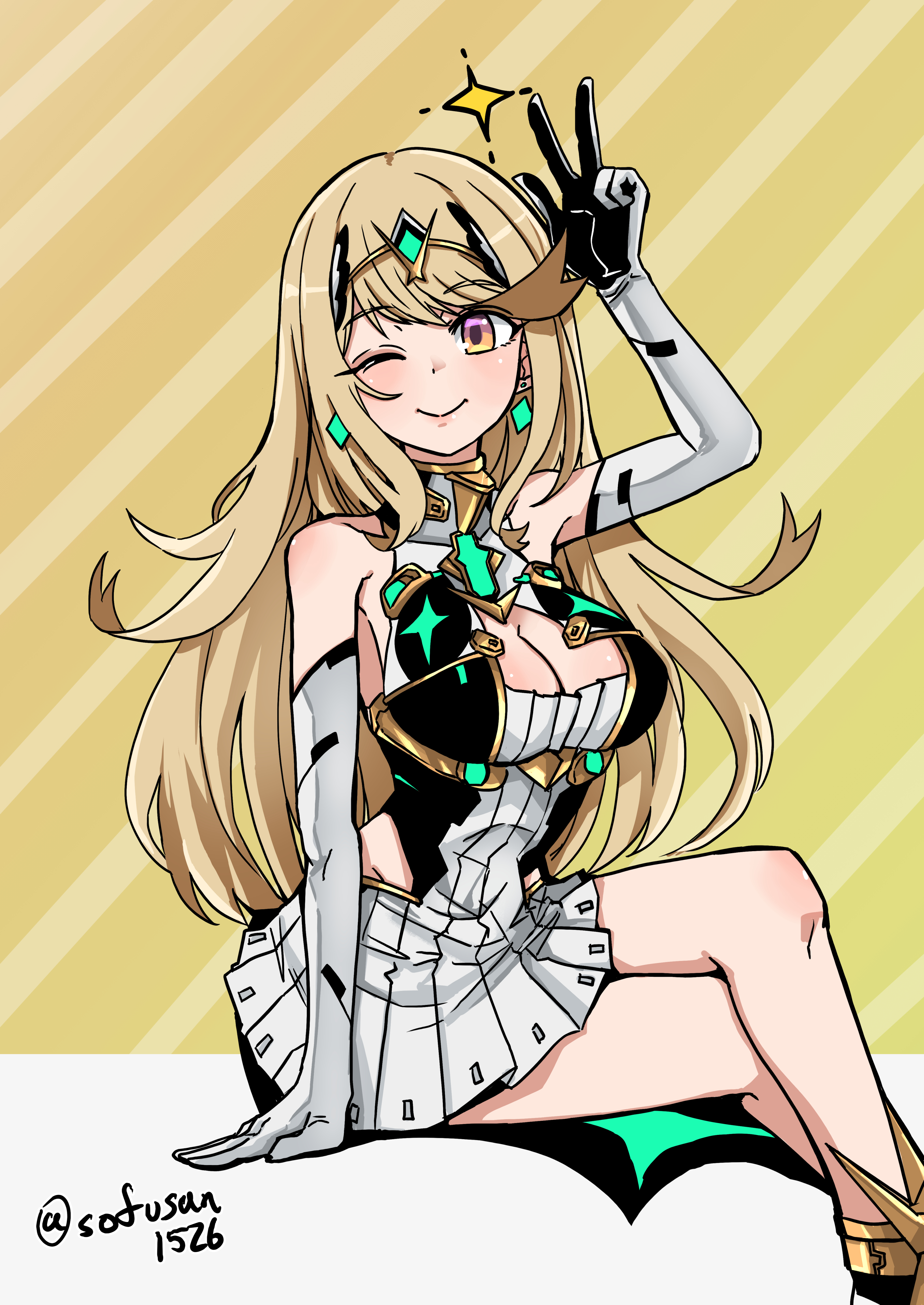 sofusan1526, mythra (xenoblade), xenoblade chronicles (series), xenoblade chronicles 2, blonde hair, breasts, cleavage, large breasts, yellow eyes