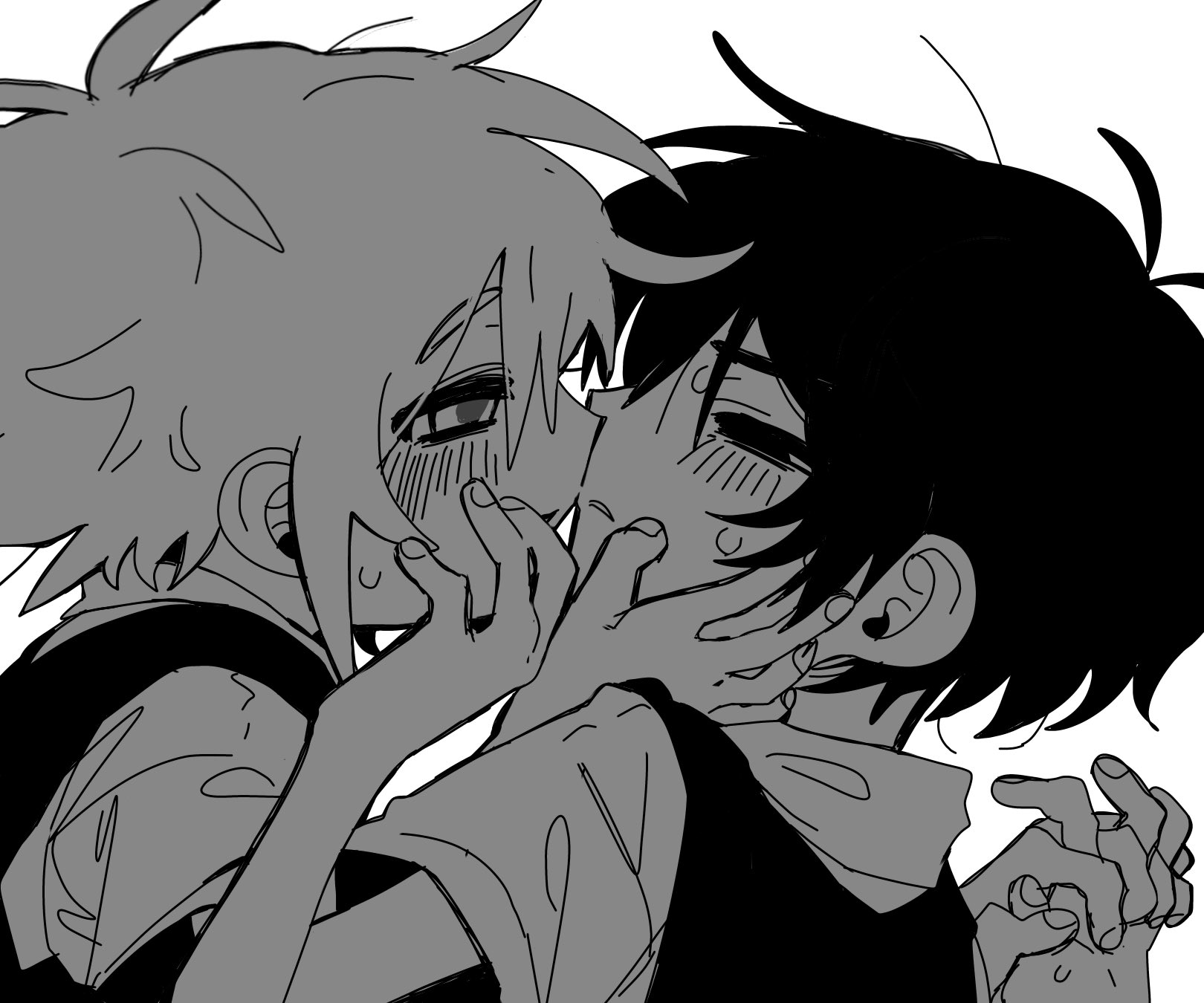 kobanzame omo, basil (faraway) (omori), basil (omori), sunny (omori), omori, highres, 2boys, antenna hair, collared shirt, greyscale, interlocked fingers, looking at another, male focus, monochrome, multiple boys, parted lips, shirt, short hair, short sleeves, sidelocks, simple background, sketch, sweat, sweater vest, yaoi