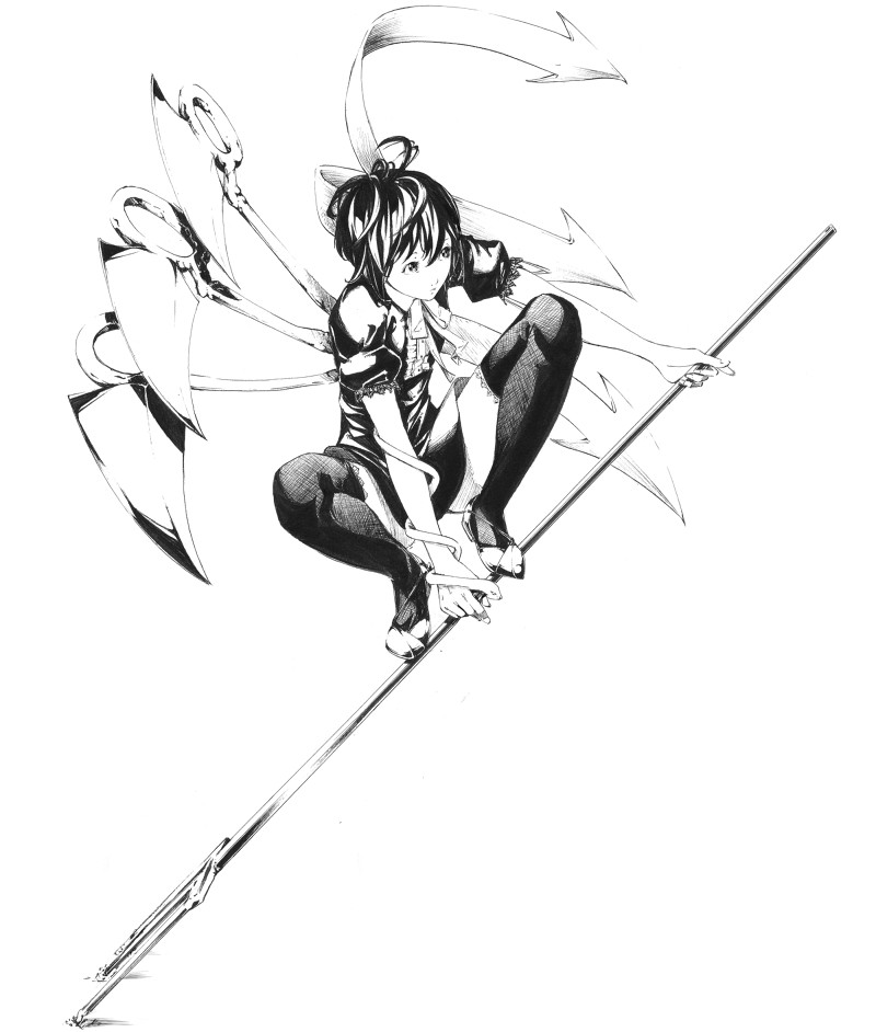sousou (sousouworks), houjuu nue, touhou, nib pen (medium), pen (medium), traditional media, 1girl, asymmetrical wings, dress, female focus, full body, greyscale, monochrome, polearm, realistic, short hair, snake, solo, spear, thighhighs, trident, weapon, wings, zettai ryouiki
