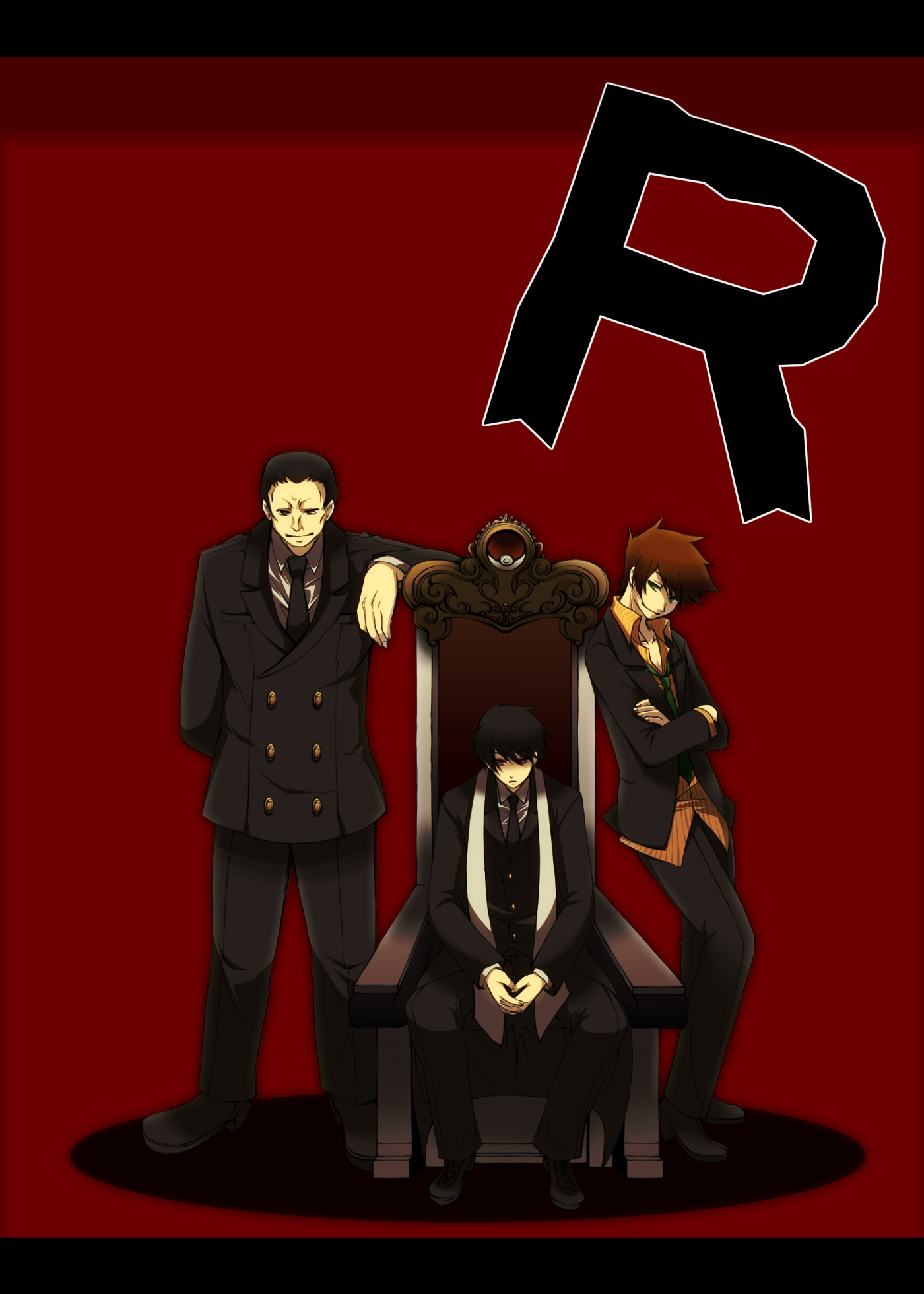 brindiamo, mogiko, blue oak, giovanni (pokemon), pixiv red, red (pokemon), nintendo, pokemon, pokemon rgby, highres, 1990s (style), 3boys, arm behind back, black suit, blouse, collared shirt, crossed arms, formal clothes, full body, gangster, hair between eyes, mafia, male focus, multiple boys, orange shirt, own hands clasped, own hands together, poke ball symbol, red background, retro artstyle, shirt, simple background, sitting, standing, suit, team rocket, throne, white shirt