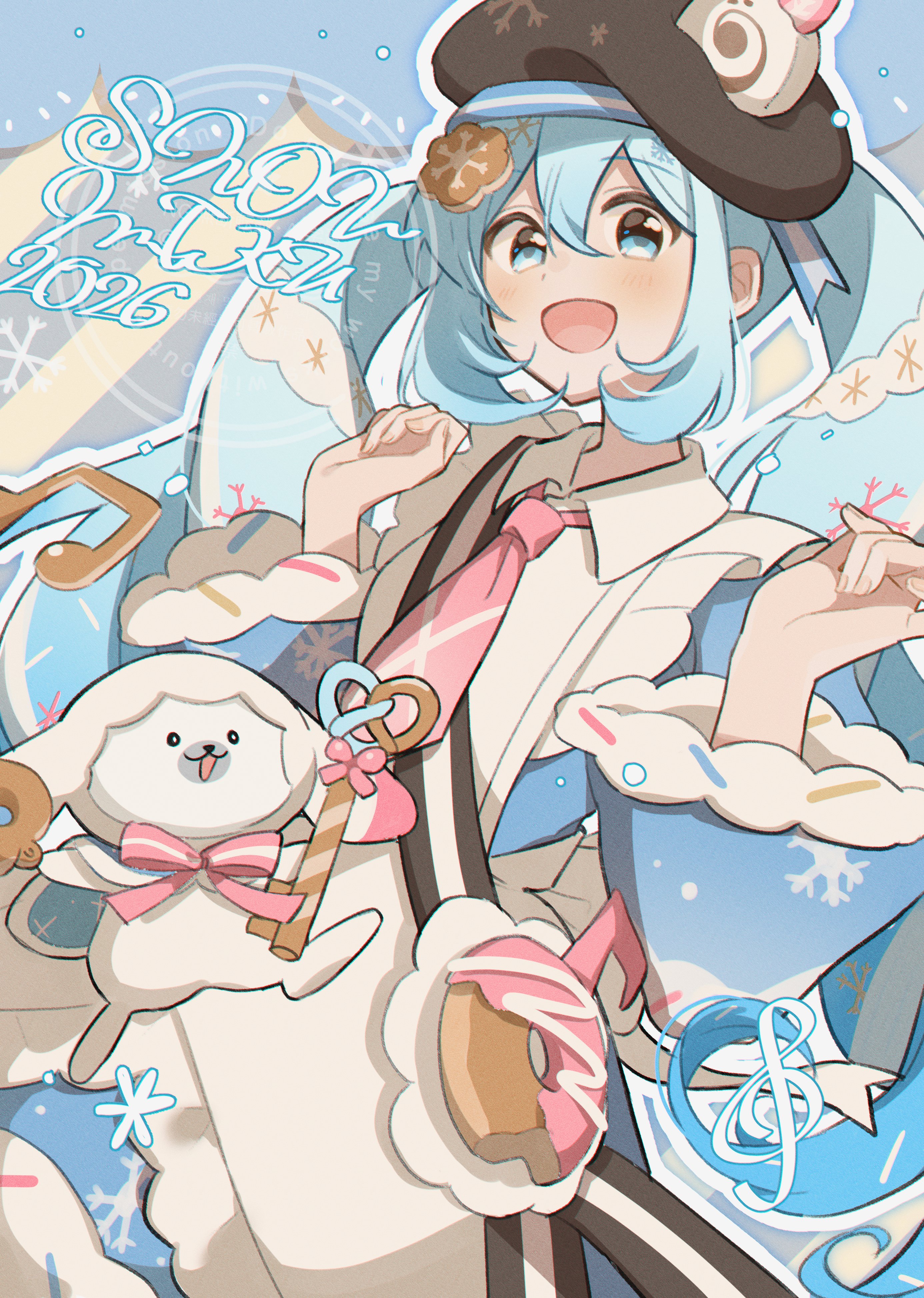 tasi y, hatsune miku, rabbit yukine, yuki miku, yuki miku (2026), vocaloid, absurdres, commentary request, highres, 1girl, animal, apron, aqua eyes, aqua hair, blue bow, blue dress, blue eyes, blue hair, blue sleeves, blush, bow, bowtie, brown hat, character name, detached sleeves, dress, dress bow, fingernails, food-themed clothes, food-themed hat ornament, frilled apron, frills, fur-trimmed dress, fur-trimmed sleeves, fur trim, hair between eyes, hair ornament, hat, hat ornament, long hair, long sleeves, looking at viewer, necktie, official alternate costume, official alternate hairstyle, open mouth, pink necktie, puffy sleeves, short sleeves, snowflake print, twintails, two-tone sleeves, very long hair, wavy hair, white apron