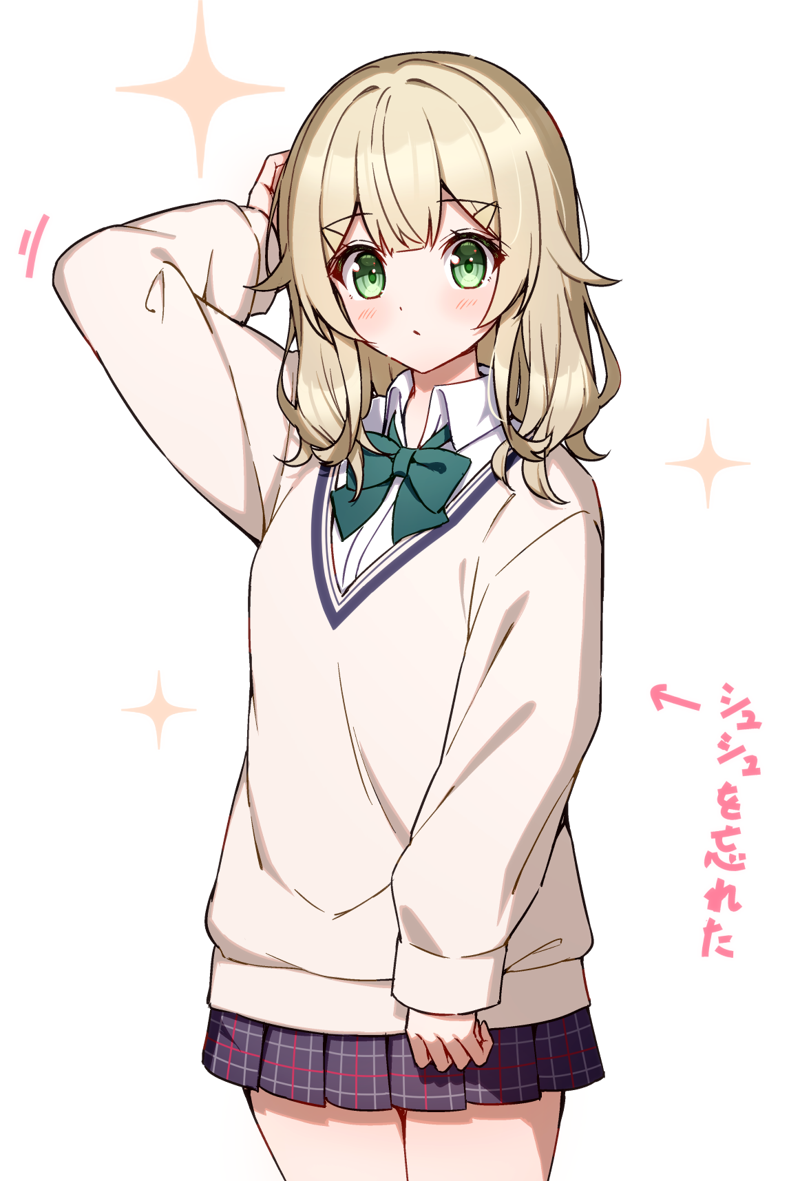 t@ke-g, commentary request, highres, translation request, 1girl, arm behind head, arm up, arrow (symbol), blonde hair, blush, bow, brown sweater, closed mouth, collared shirt, cowboy shot, dress shirt, green bow, green eyes, long hair, long sleeves, looking at viewer, plaid clothes, plaid skirt, pleated skirt, puffy long sleeves, puffy sleeves, purple skirt, sakurada ruri, shirt, simple background, skirt, sleeves past wrists, solo, sparkle, sweater, uta no princess-sama back to the idol, white background, white shirt