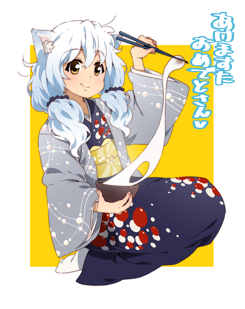 takanashi ringo, original, 1girl, animal ears, cat ears, female focus, japanese clothes, kimono, solo, white hair, yellow eyes