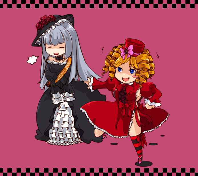 shiro inu, shirokura, gaap (umineko), virgilia (umineko), umineko no naku koro ni, silver hair, bad id, bad pixiv id, 00s, 2girls, blonde hair, blue eyes, bow, breasts, chibi, choker, closed eyes, dress, frills, hat, long hair, mini hat, mini top hat, multiple girls, pink background, pink bow, sideboob, sigh, top hat