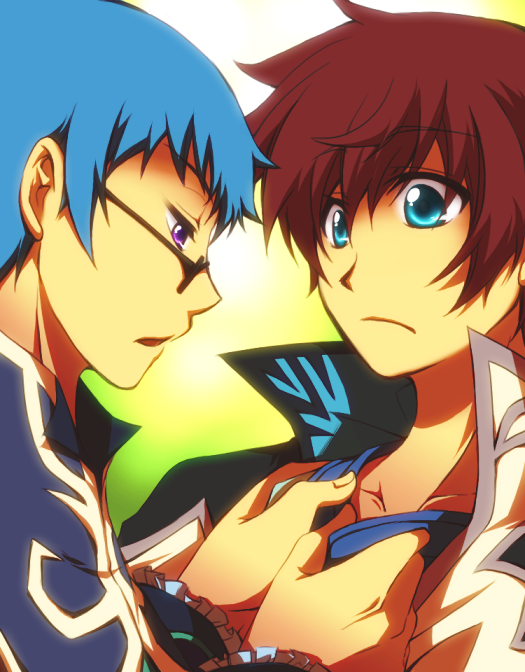 brindiamo, mogiko, asbel lhant, hubert ozwell, tales of (series), tales of graces, bad id, bad pixiv id, 2boys, adjusting clothes, aqua eyes, brothers, glasses, male focus, multiple boys, purple eyes, siblings