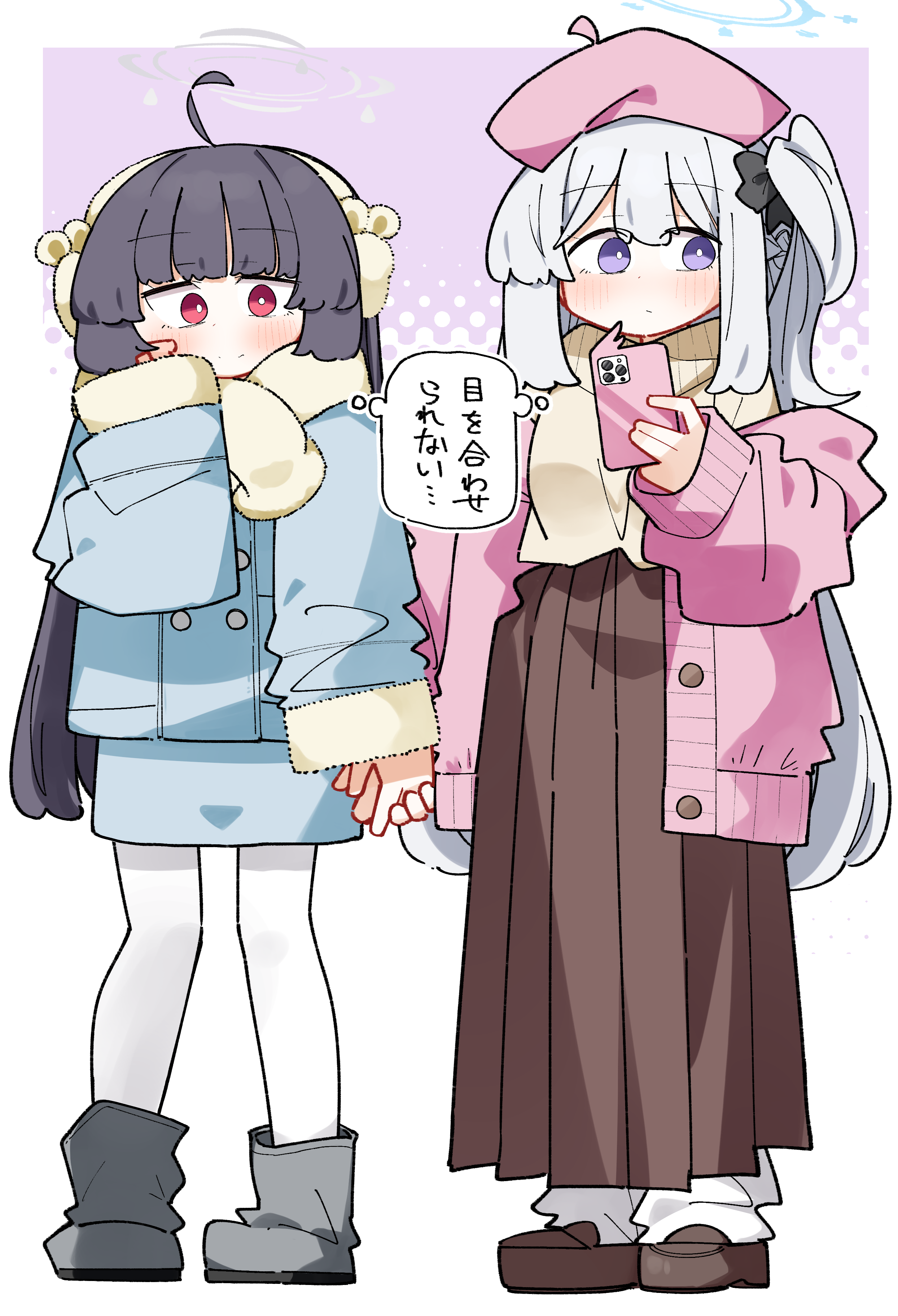 dash b, miyako (blue archive), miyu (blue archive), blue archive, absurdres, commentary request, highres, 2girls, ahoge, alternate costume, animal earmuffs, beret, black bow, black hair, blue jacket, blue skirt, blush, boots, bow, brown shoes, brown skirt, brown sweater, cellphone, earmuffs, fur-trimmed sleeves, fur scarf, fur trim, grey boots, hair bow, halftone, halftone background, halo, hat, holding, holding hands, holding phone, jacket, loafers, long hair, long sleeves, loose socks, multiple girls, off shoulder, one side up, open clothes, open jacket, pantyhose, phone, pink background, pink hat, pink jacket, pleated skirt, puffy long sleeves, puffy sleeves, purple eyes, red eyes, shared speech bubble, shoes, skirt, sleeves past wrists, socks, speech bubble, sweater, very long hair, white pantyhose, white socks, yuri