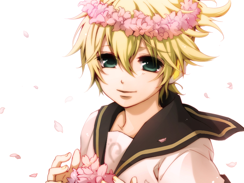 double click (artist), kagamine len, vocaloid, bad id, bad pixiv id, 1boy, blonde hair, flower, green eyes, hair flower, hair ornament, head wreath, looking at viewer, male focus, smile, solo