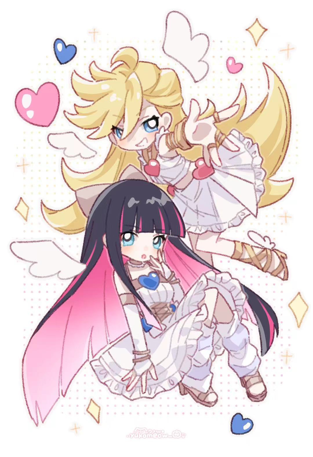 yukomeow, panty (psg), stocking (psg), panty & stocking with garterbelt, commentary, highres, 2girls, :o, black hair, blonde hair, blue eyes, blunt bangs, bridal gauntlets, brown sandals, colored inner hair, dress, full body, grin, hair between eyes, hand up, heart, long hair, looking at viewer, multicolored hair, multiple girls, open mouth, pink hair, sandals, simple background, sleeveless, sleeveless dress, smile, sparkle, streaked hair, white background, white bridal gauntlets, white dress