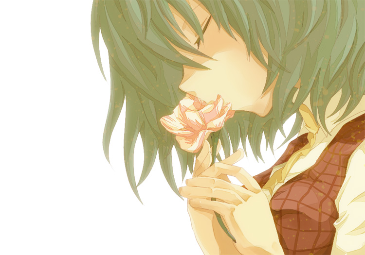 aoi (annbi), aoi (ene), kazami yuuka, touhou, 1girl, ascot, close-up, closed eyes, female focus, flower, green hair, holding, holding flower, plaid clothes, plaid vest, profile, short hair, smelling, smelling flower, solo, vest