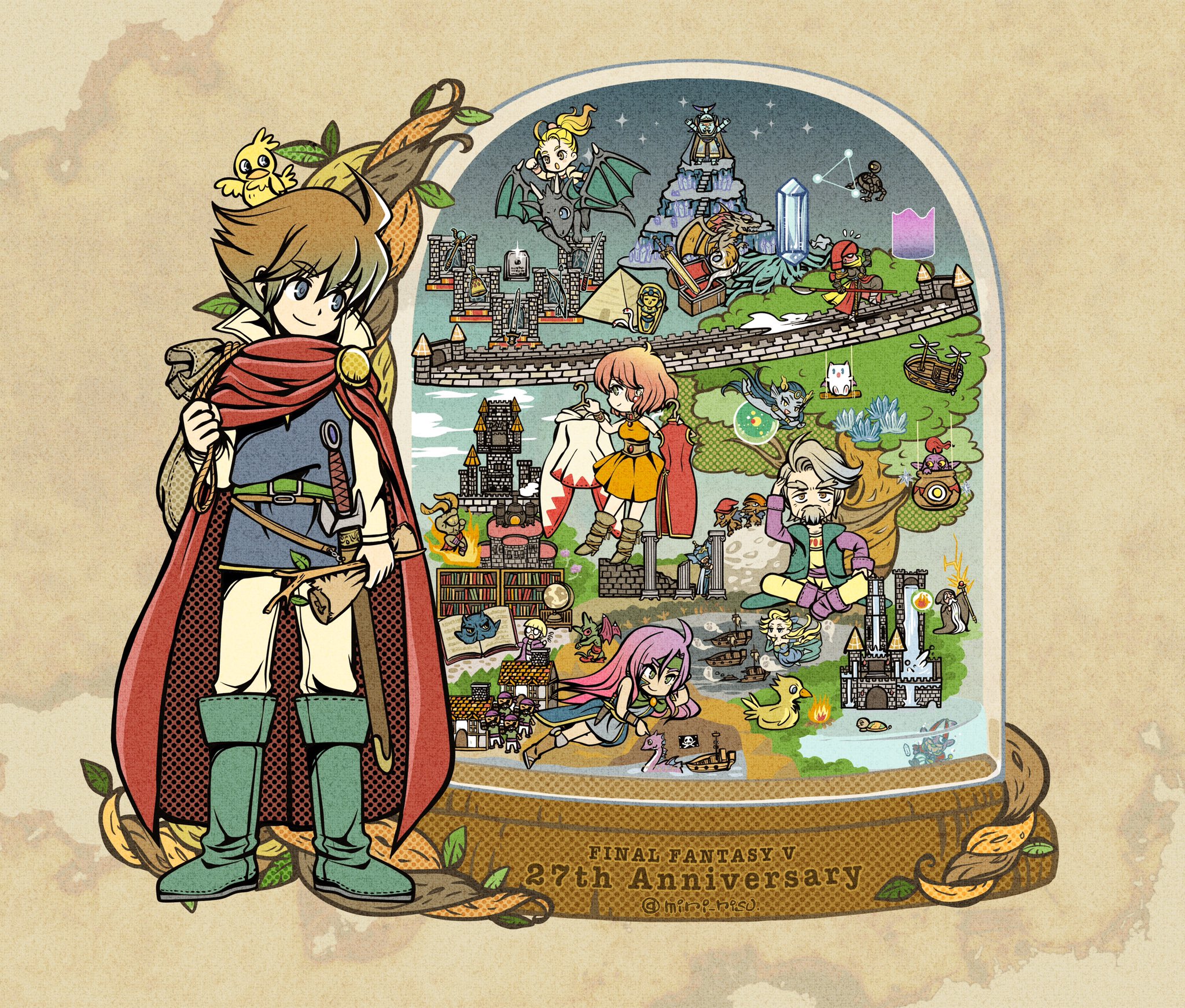 miri (mirik), bartz klauser, chocobo, faris scherwiz, galuf halm baldesion, krile mayer baldesion (ff5), lenna charlotte tycoon, moogle, white mage (final fantasy), final fantasy, final fantasy v, commentary request, highres, 2boys, 3girls, ahoge, animal, animal on head, anniversary, beard, bird, bird on head, blonde hair, blue eyes, blue tunic, boots, brown boots, brown hair, castle, china dress, chinese clothes, cloak, closed mouth, clothes hanger, copyright name, crystal, dragon, dress, facial hair, green boots, green cloak, green headband, grey hair, hair between eyes, head on hand, headband, holding, holding clothes hanger, holding scroll, holding staff, holding stick, indian style, lying, multiple boys, multiple girls, mustache, old, old man, on head, on side, orange dress, pants, pink hair, ponytail, purple hair, pyramid (structure), red cloak, red dress, riding dragon, scroll, short hair, sitting, smile, staff, stick, swept bangs, treasure chest, tunic, twitter username, white pants, wizard