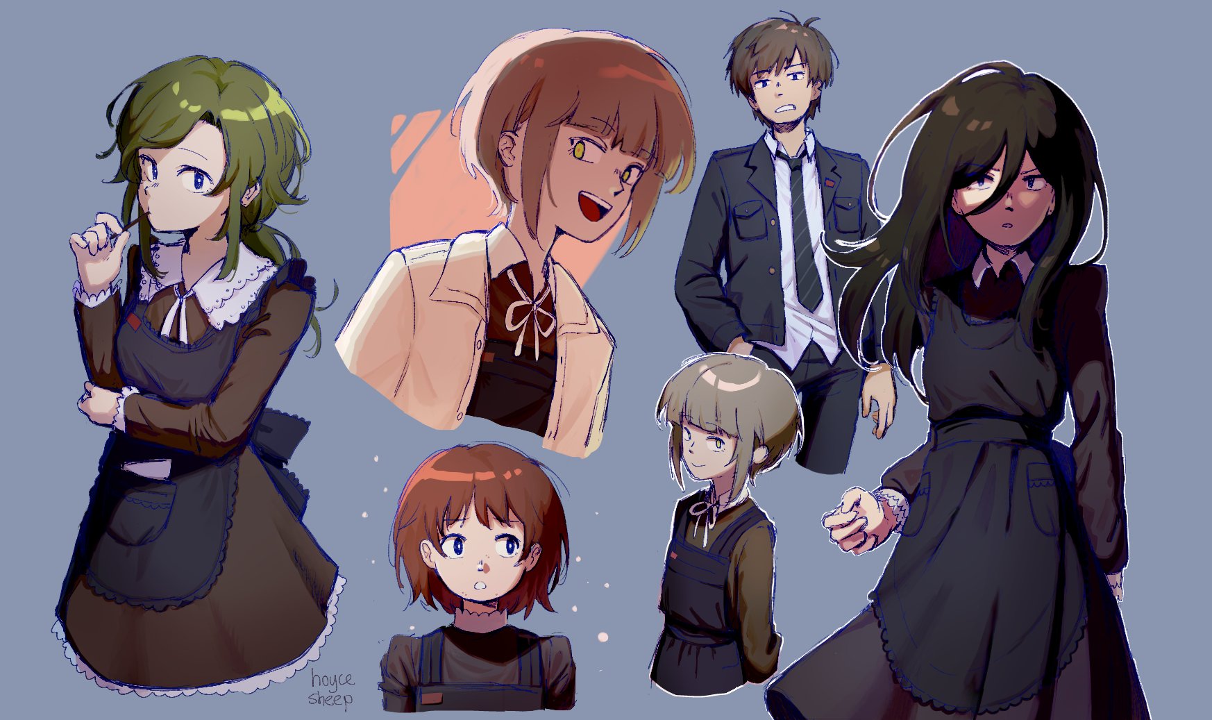 hoyce sheep, asya shubina, ira grachevskaya, marina kaplan, z.a.t.o. // i love the world and everything in it, commentary, hashtag-only commentary, highres, 1boy, 4girls, :d, antenna hair, apron, arm under breasts, artist name, black apron, black hair, black jacket, black necktie, black pants, blue background, blue eyes, blunt bangs, breasts, brown dress, brown hair, chestnut mouth, closed mouth, collared dress, diagonal-striped clothes, diagonal-striped necktie, dress, food in mouth, green hair, hair between eyes, hand in pocket, jacket, long hair, looking at viewer, looking to the side, low ponytail, multiple girls, multiple views, necktie, open clothes, open jacket, open mouth, pants, parted lips, ponytail, school uniform, shirt, short hair, sidelocks, simple background, small breasts, smile, soviet school uniform, striped clothes, teeth, tosya (z.a.t.o.), upper teeth only, vadim garin, white jacket, white shirt, wing collar, yellow eyes