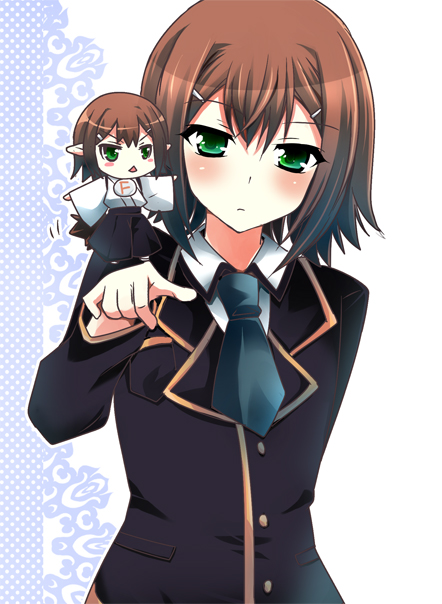 killyoh, kinoshita hideyoshi, baka to test to shoukanjuu, gender request, androgynous, blush, chibi, crossdressing, hair ornament, hairclip, necktie, pointing, school uniform, trap