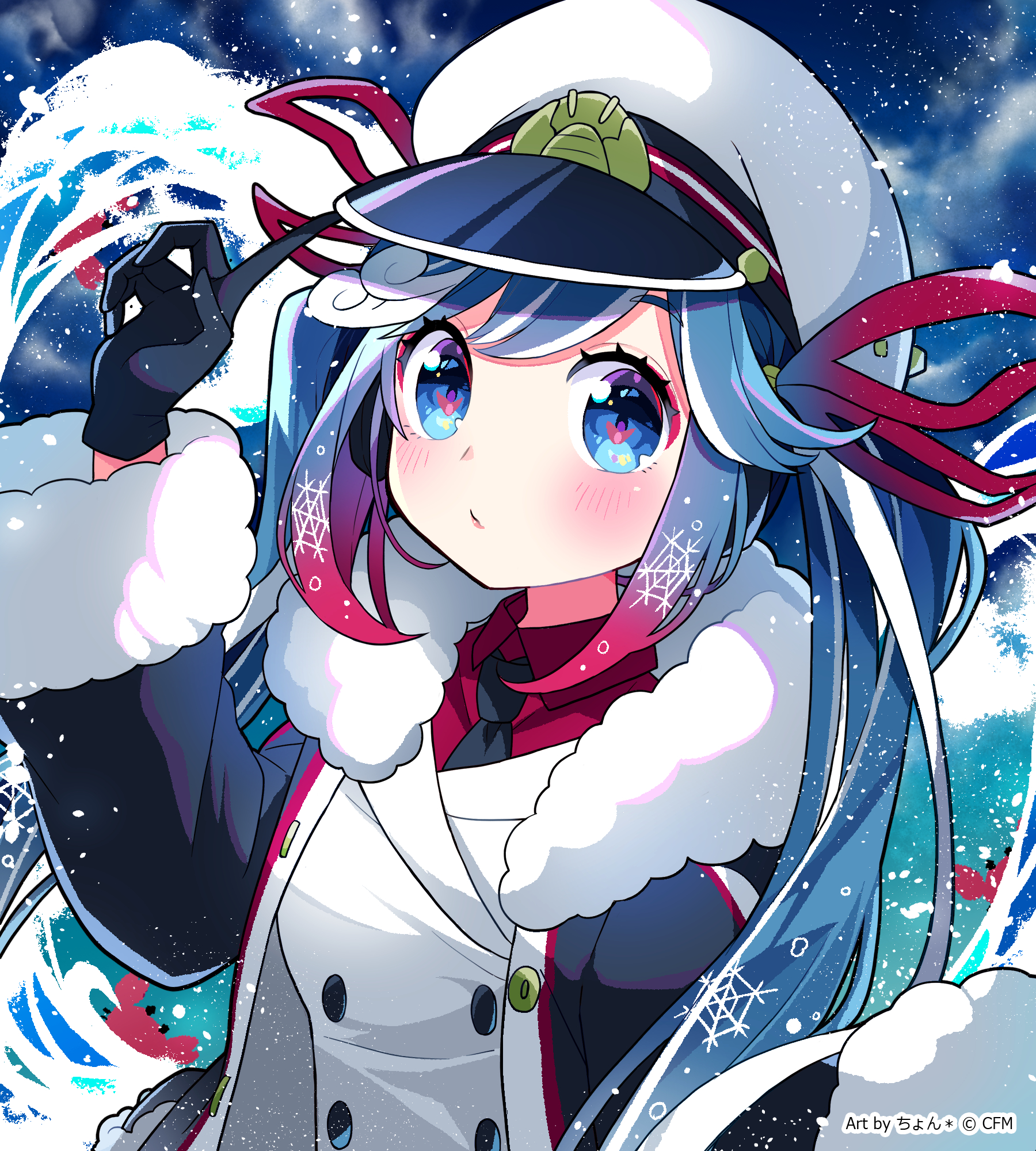 kasaki sakura, hatsune miku, yuki miku, yuki miku (2022), vocaloid, commentary request, highres, 1girl, aqua eyes, aqua hair, black gloves, black necktie, blush, closed mouth, collared shirt, fur-trimmed jacket, fur-trimmed sleeves, fur trim, gloves, gradient hair, hair between eyes, hair ornament, hair ribbon, hat, jacket, light blush, long hair, long sleeves, looking at viewer, multicolored hair, necktie, official alternate costume, official alternate hairstyle, peaked cap, red hair, red ribbon, red shirt, ribbon, sailor hat, shirt, snowflakes, solo, twintails, very long hair, white hat