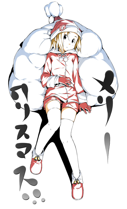 hamao, tainaka ritsu, k-on!, 00s, 1girl, bag, christmas, female focus, gloves, hat, lying, merry christmas, red gloves, sack, santa costume, santa hat, shoes, shorts, solo, thighhighs, white thighhighs, zettai ryouiki