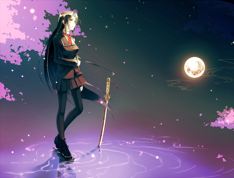 seitsuji, senba uzuki, akai ito, bad id, bad pixiv id, black hair, legs, long hair, moon, petals, school uniform, skirt, solo, sword, very long hair, weapon