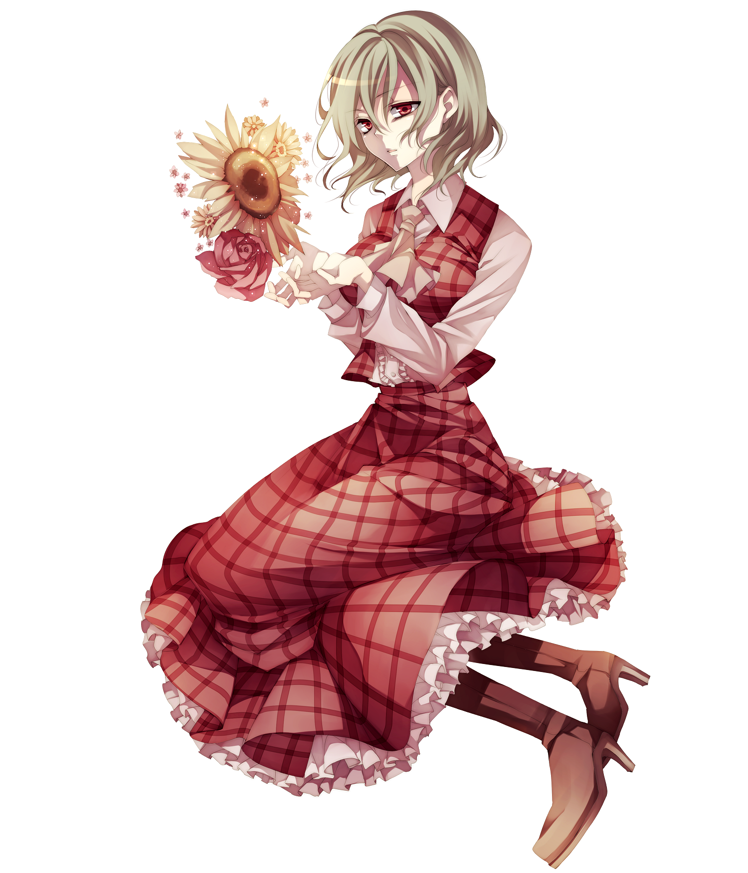 tsukioka tsukiho, kazami yuuka, touhou, bad id, bad pixiv id, highres, 1girl, ascot, boots, female focus, flower, full body, green hair, high heels, holding, holding flower, plaid clothes, plaid skirt, plaid vest, red eyes, rose, shoes, short hair, simple background, sitting, skirt, skirt set, solo, sunflower, vest, white background