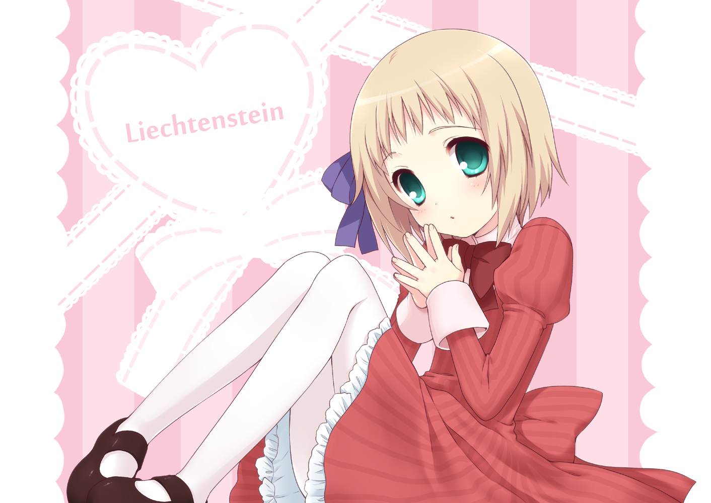 usashiro mani, liechtenstein (hetalia), axis powers hetalia, bad id, bad pixiv id, 00s, aqua eyes, bow, dress, heart, mary janes, own hands clasped, own hands together, pantyhose, shoes, short hair, sitting, solo, white pantyhose