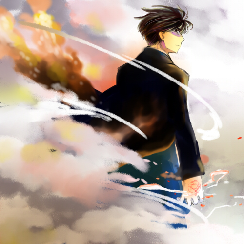 mogeko@mayugeai, mogeko (mutsu), roy mustang, fullmetal alchemist, bad id, bad pixiv id, lowres, 00s, 1boy, fire, male focus, smoke, solo