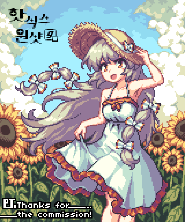 greenapple (g apple0511), fujiwara no mokou, touhou, 1girl, bow, cloud, dress, field, flower, flower field, hair bow, hand on headwear, hat, hat bow, long hair, pixel art, red eyes, skirt hold, solo, straw hat, sundress, sunflower, sunflower field, white dress, white hair