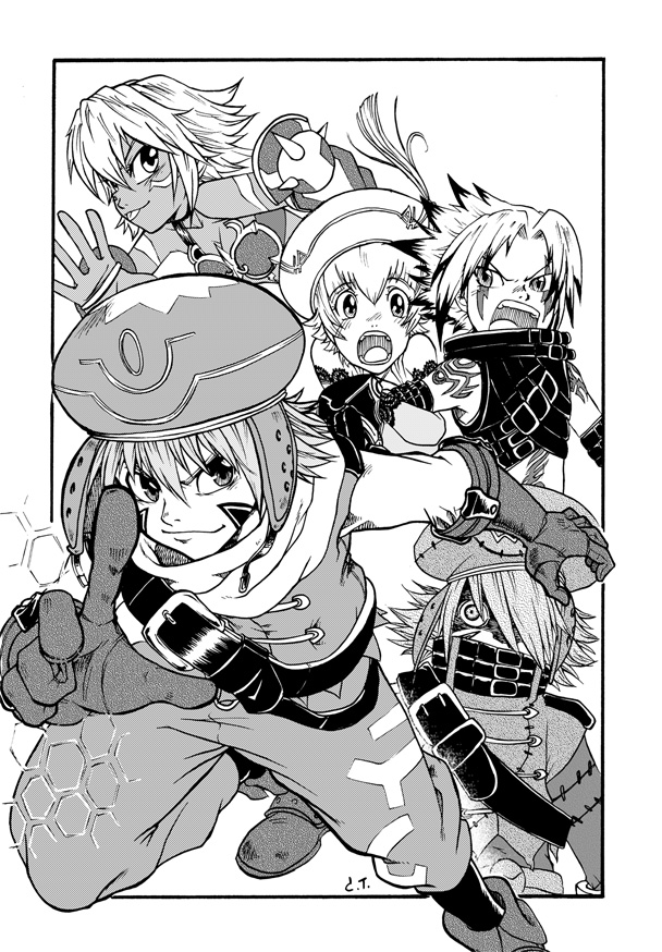 atoli, azure kite, black rose (.hack//), haseo, haseo (.hack//), kite (.hack//), .hack//, .hack//g.u., bandai, cyber connect 2, 00s, 2girls, 3boys, greyscale, monochrome, multiple boys, multiple girls