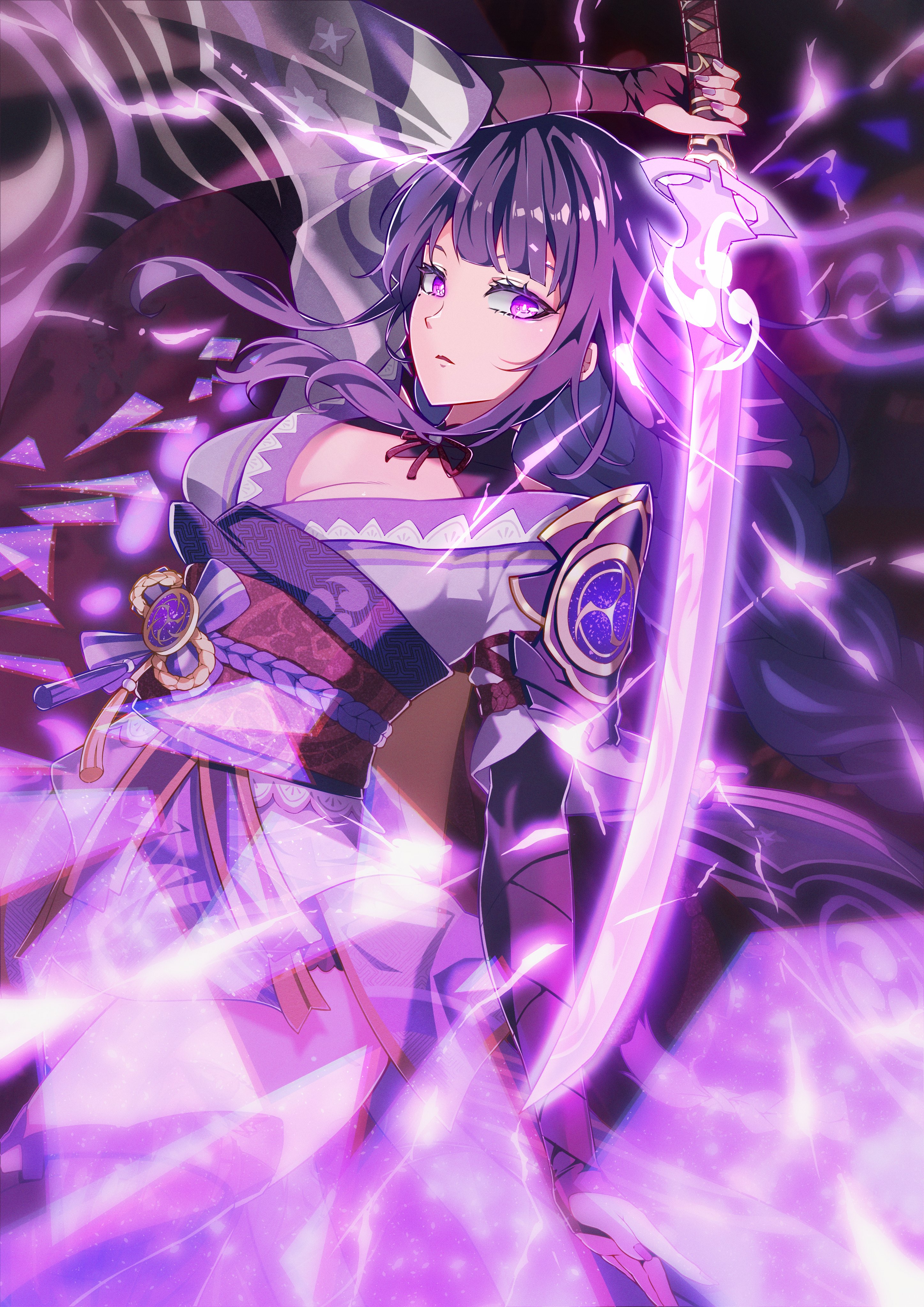 dorameye, raiden shogun, genshin impact, absurdres, commentary request, highres, 1girl, arm up, breasts, bridal gauntlets, cleavage, electricity, glowing, glowing sword, glowing weapon, holding, holding sword, holding weapon, huge breasts, japanese clothes, kimono, leaning back, mitsudomoe (shape), mole, mole under eye, musou isshin (genshin impact), off shoulder, powering up, purple kimono, red background, red sash, sash, solo, sword, tomoe (symbol), upper body, weapon, wide sleeves