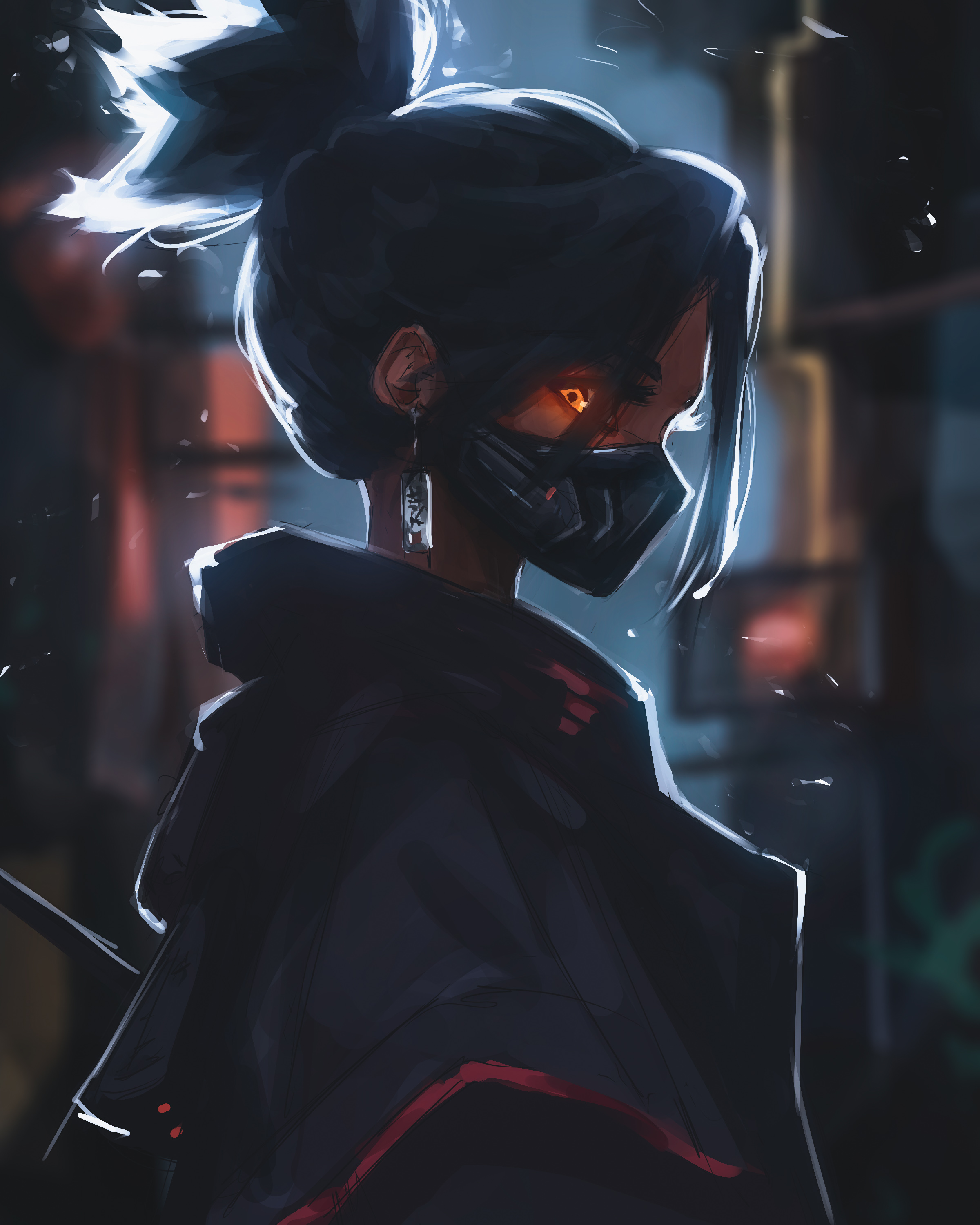 titanartx, original, absurdres, commentary, highres, 1girl, black coat, black hair, black mask, blurry, blurry background, coat, earrings, from side, glowing, glowing eyes, jewelry, looking at viewer, mask, mouth mask, orange eyes, ponytail, profile, short hair, short ponytail, solo, upper body