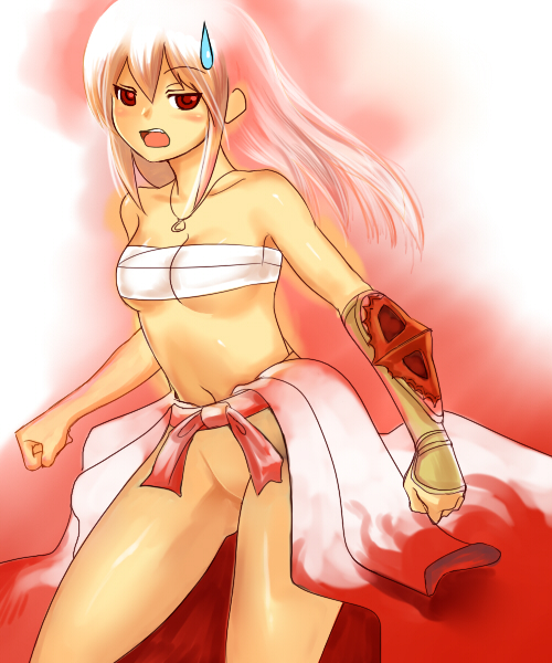 sura (ragnarok online), ragnarok online, 1girl, arm guards, bare shoulders, bottomless, breasts, cleavage, clothes around waist, collarbone, contrapposto, female focus, groin, jewelry, long hair, looking at viewer, necklace, pendant, pink hair, sarashi, solo, standing
