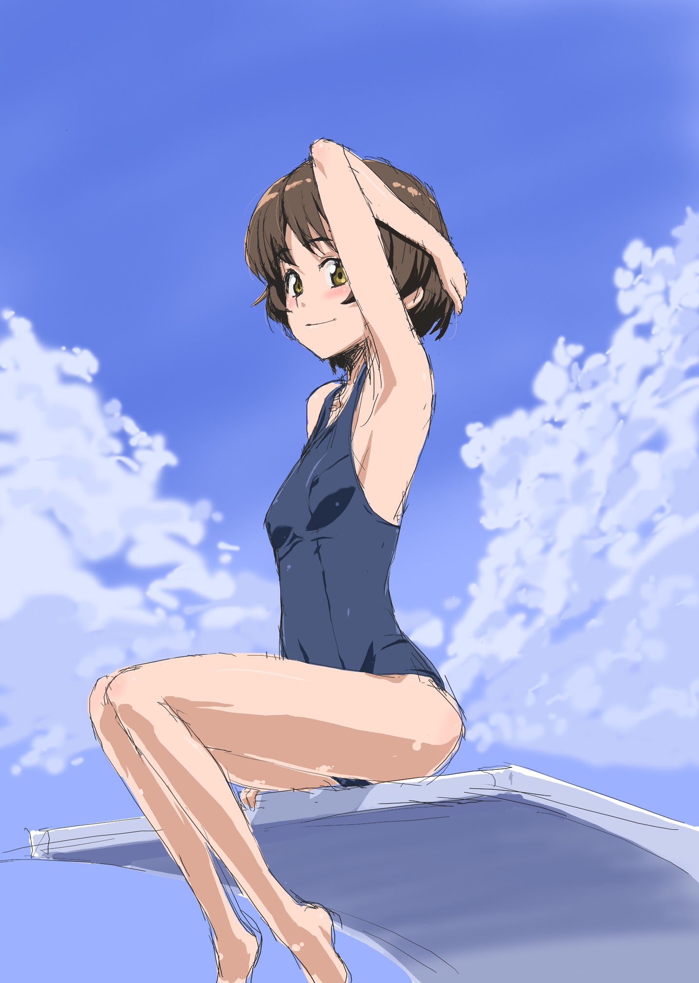 gen@chikuwa, tooya daisuke, original, highres, 1girl, armpits, barefoot, female focus, flat chest, one-piece swimsuit, school swimsuit, short hair, sketch, smile, solo, swimsuit