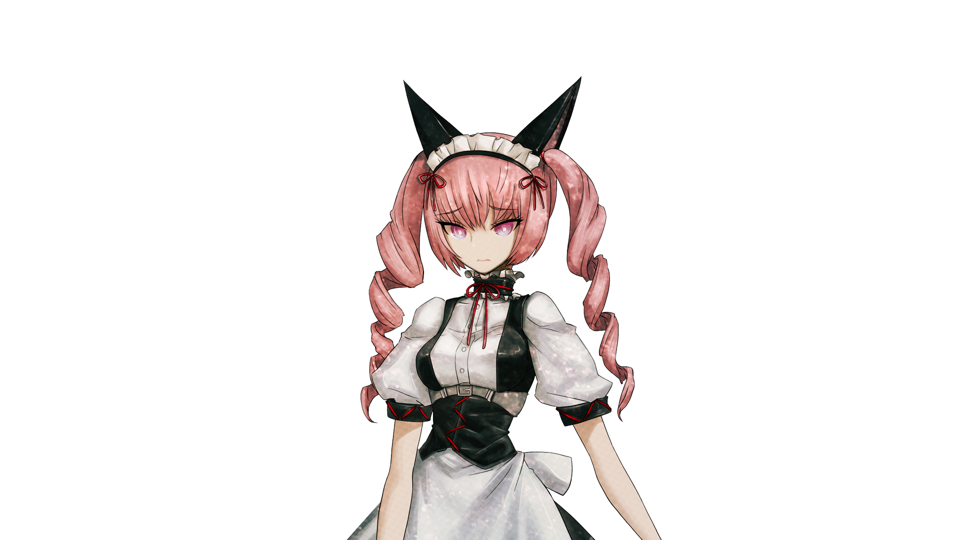 huke, akiha rumiho, science adventure, steins;gate, game cg, highres, non-web source, official art, 1girl, animal ear hairband, animal ears, apron, back bow, belt around waist, belt buckle, bow, breasts, buckle, buttons, cat ears, closed mouth, collar, dress, drill hair, fake animal ears, frilled collar, frilled dress, frilled hairband, frills, hair between eyes, hairband, long hair, looking at viewer, maid, maid apron, maid headdress, mayqueen maid uniform, pink hair, pink lips, puffy short sleeves, puffy sleeves, red ribbon, ribbon, ribbon-trimmed collar, ribbon-trimmed corset, ribbon-trimmed hairband, ribbon-trimmed sleeves, ribbon trim, ringed eyes, short sleeves, small breasts, solo, sprite, square pupils, tsurime, twin drills, twintails, white apron, white bow, white dress, worried