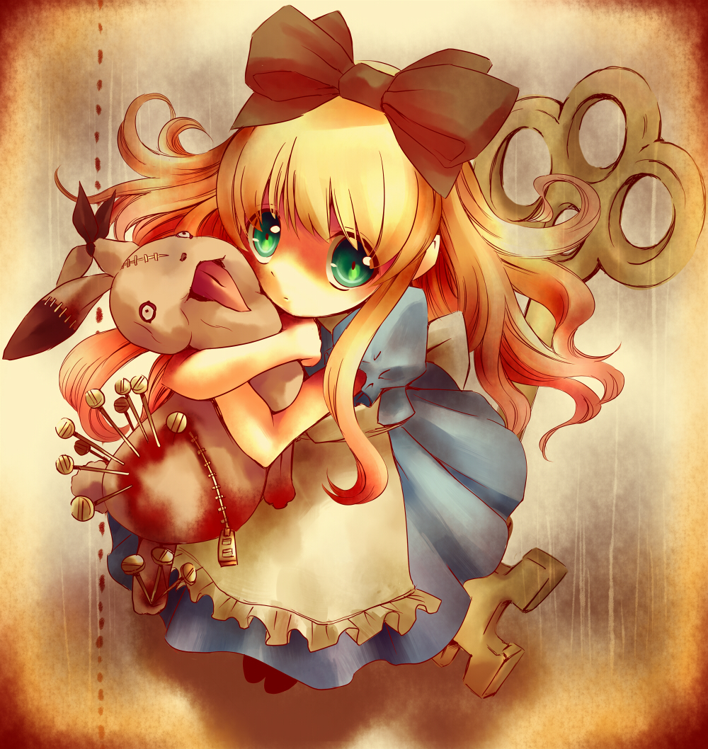taoru, tarow, alice (alice in wonderland), alice's adventures in wonderland, bad id, bad pixiv id, 1girl, blonde hair, blood, bow, female focus, green eyes, hair bow, key, needle, rabbit, solo, stuffed animal, stuffed rabbit, stuffed toy, tongue, zipper