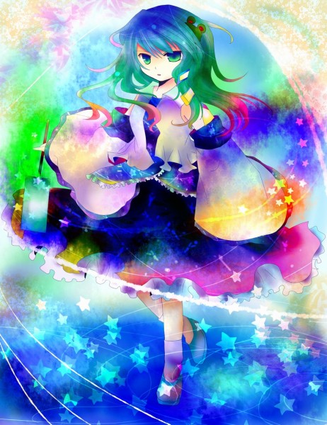 kazu (muchuukai), kochiya sanae, touhou, duplicate, 1girl, colorful, detached sleeves, female focus, full body, green eyes, green hair, japanese clothes, miko, shoes, socks, solo, standing