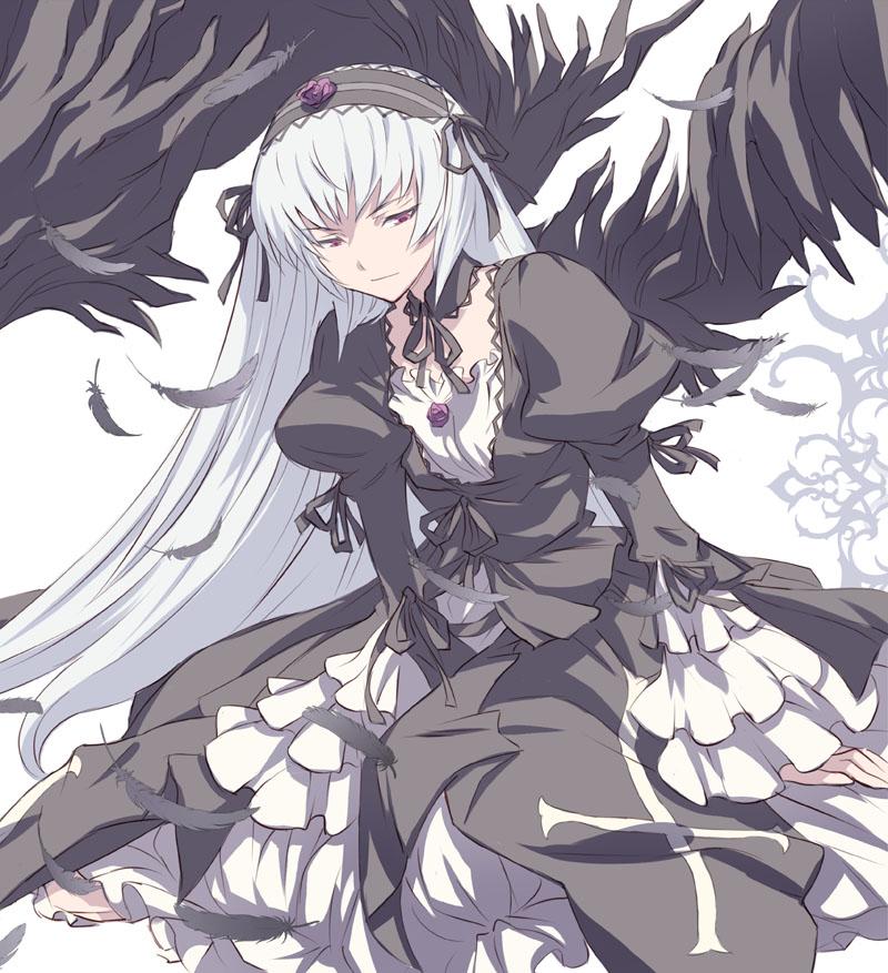 akira (coffee curry), suigintou, rozen maiden, 00s, 1girl, black wings, dress, feathers, female focus, frills, gothic lolita, hairband, lolita fashion, long hair, purple eyes, ribbon, sitting, solo, white background, wings