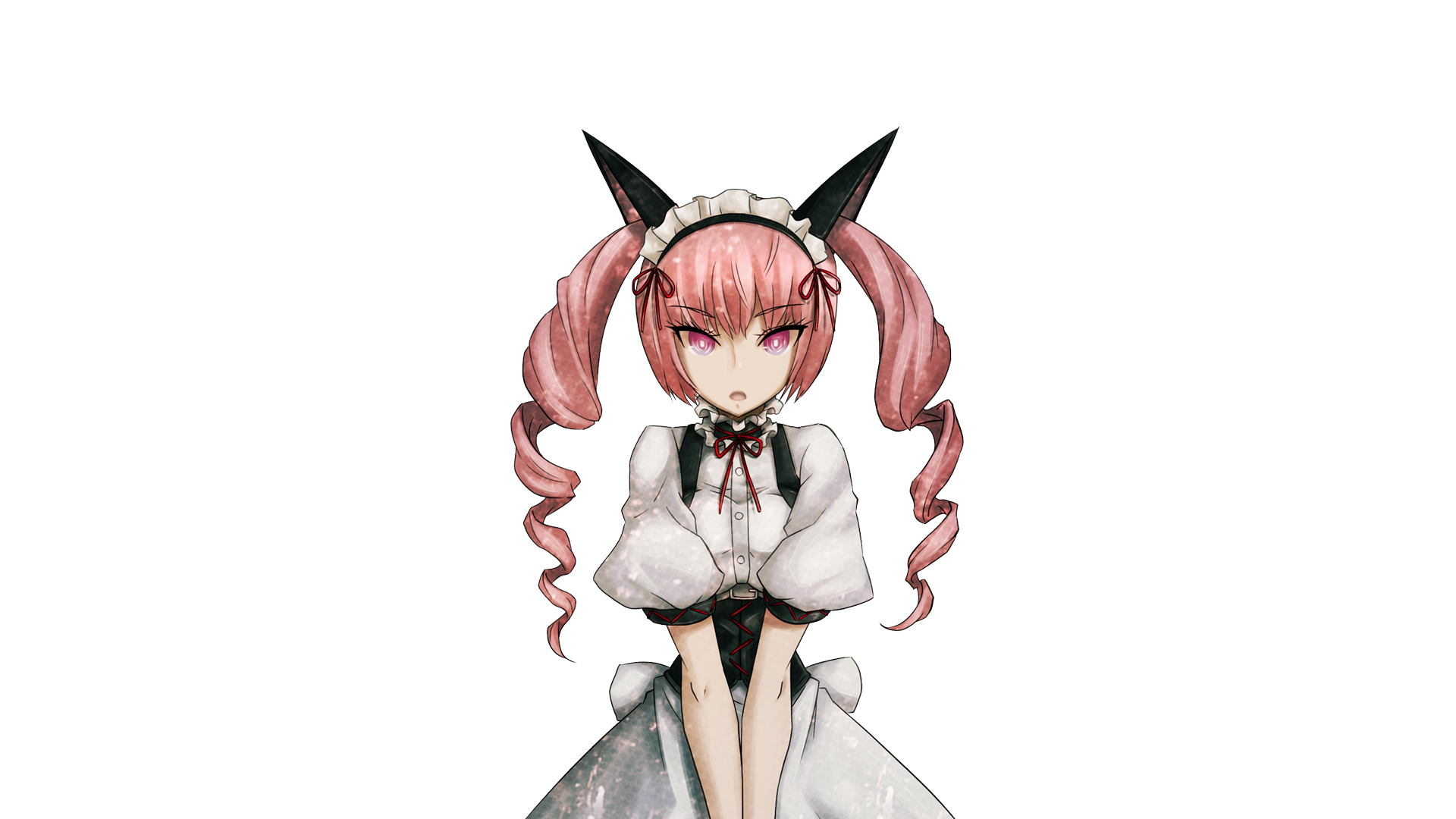 huke, akiha rumiho, science adventure, steins;gate, game cg, highres, non-web source, official art, 1girl, animal ear hairband, animal ears, apron, back bow, belt around waist, belt buckle, bow, breasts, buckle, buttons, cat ears, closed mouth, collar, dress, drill hair, expressionless, fake animal ears, frilled collar, frilled dress, frilled hairband, frills, hair between eyes, hairband, long hair, looking at viewer, maid, maid apron, maid headdress, mayqueen maid uniform, open mouth, pink hair, pink lips, puffy short sleeves, puffy sleeves, red ribbon, ribbon, ribbon-trimmed collar, ribbon-trimmed corset, ribbon-trimmed hairband, ribbon-trimmed sleeves, ribbon trim, ringed eyes, short sleeves, small breasts, solo, sprite, square pupils, tsurime, twin drills, twintails, v arms, white apron, white bow, white dress