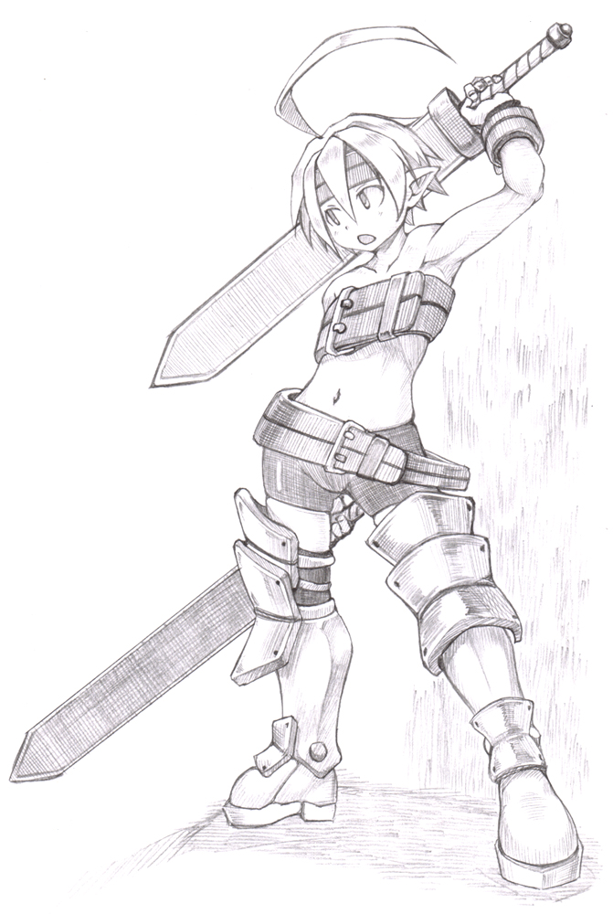 suna (sunagawa), sungawa, female warrior (disgaea), warrior (disgaea), disgaea, makai senki disgaea 2, bad id, bad pixiv id, 1girl, ahoge, belt, belt bra, belt skirt, bike shorts, boots, dual wielding, female focus, holding, monochrome, pointy ears, purple theme, short hair, solo, sword, weapon