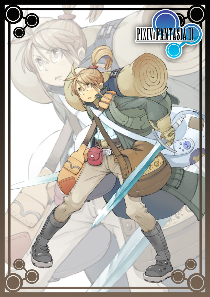 peco, ahoge, bag, belt, boots, brown hair, glasses, ponytail, shoulder bag, sleeping bag, solo, sword, weapon