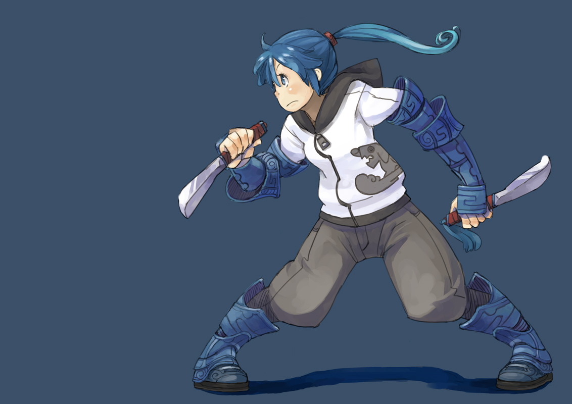 peco, armor, blue eyes, blue hair, boots, knife, ponytail, shadow, solo, sword, weapon, zipper