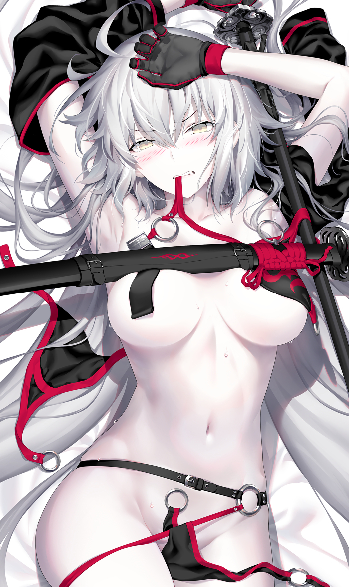 kousaki rui, jeanne d'arc alter (fate), jeanne d'arc alter (swimsuit berserker) (fate), fate/grand order, fate (series), commentary request, 1girl, ahoge, armpits, arms up, bikini, black bikini, black gloves, black shrug, blush, breasts, dakimakura (medium), gloves, grey hair, katana, large breasts, long hair, long sleeves, looking at viewer, navel, o-ring, o-ring bikini, open clothes, sheath, shrug (clothing), solo, swimsuit, sword, thighs, untied bikini, very long hair, weapon, yellow eyes