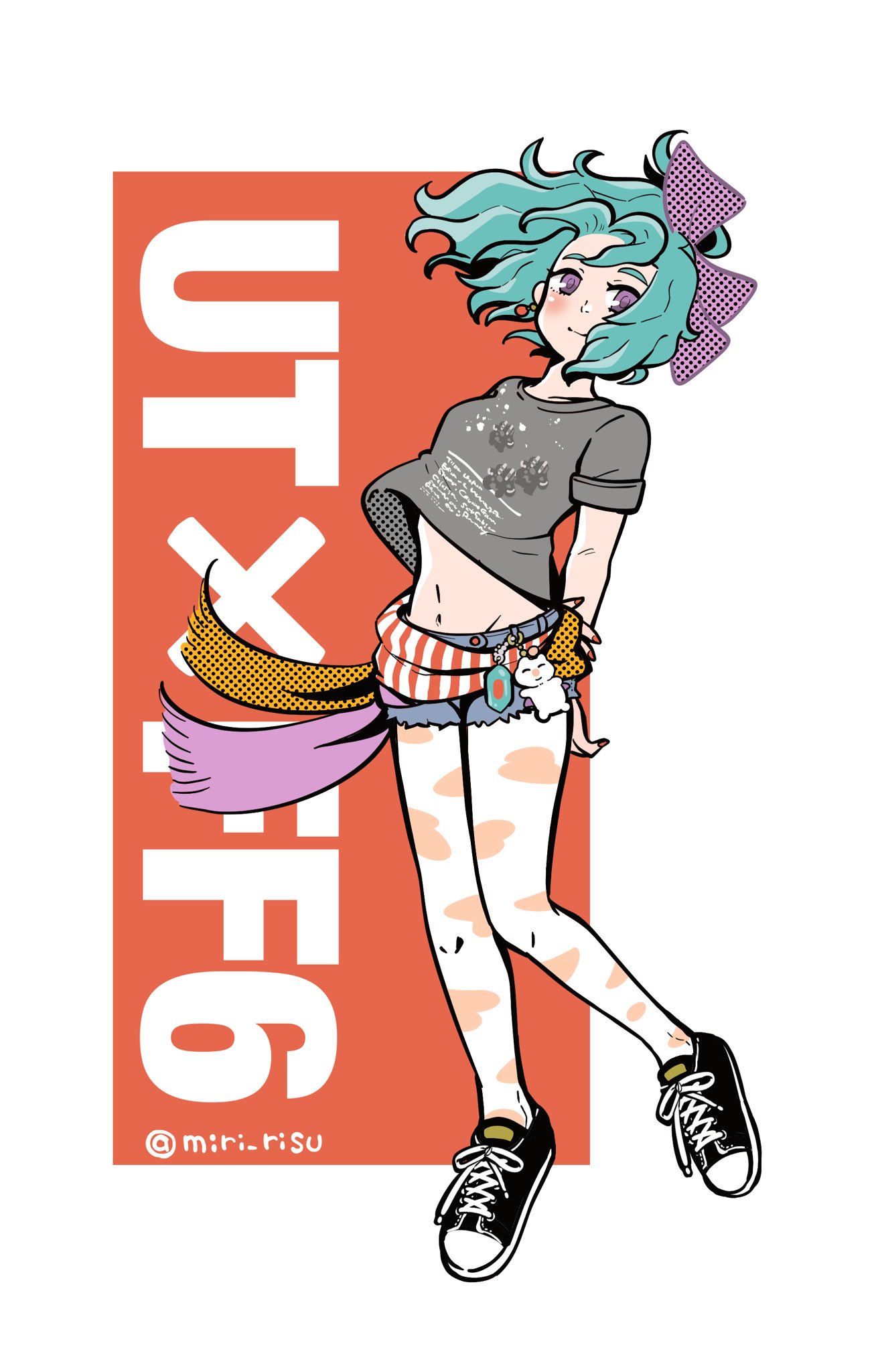 miri (mirik), moogle, tina branford, final fantasy, final fantasy vi, highres, 1girl, arms behind back, black shoes, blush, border, breasts, character charm, charm (object), closed mouth, denim, denim shorts, earrings, full body, green hair, grey shirt, hair ribbon, jewelry, light smile, long hair, medium breasts, merchandise, midriff, navel, pantyhose, pink nails, ponytail, print pantyhose, print shirt, purple eyes, purple ribbon, red background, ribbon, sash, shirt, shoes, short shorts, shorts, sneakers, solo, standing, t-shirt, twitter username, waist sash, wavy hair, white border