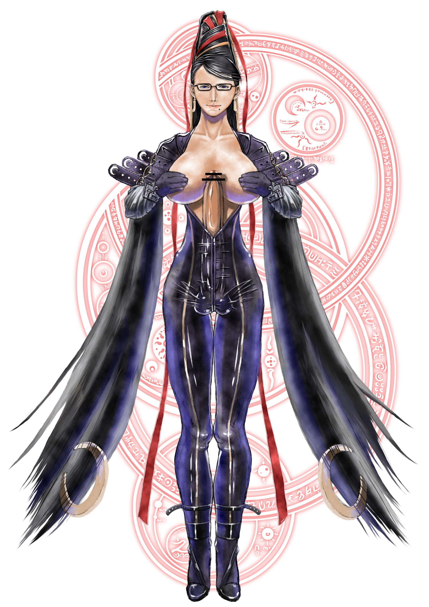 siranui, bayonetta (series), bayonetta 1, bad id, bad pixiv id, highres, 1futa, autopaizuri, bar censor, belt, black hair, blue eyes, breasts, bulge, censored, covering nipples, covering privates, earrings, erection, erection under clothes, futanari, futanari masturbation, glasses, huge penis, jewelry, latex, long hair, man face, masturbation, paizuri, penis, solo