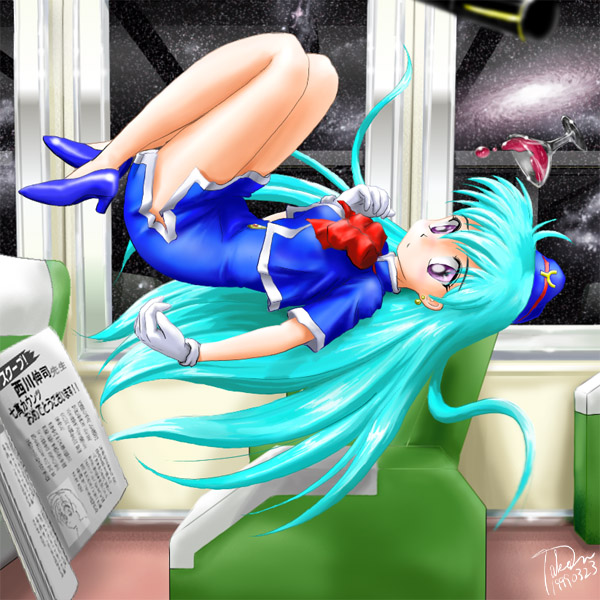 tenjouin katsura, yat anshin uchuu ryokou, 1990s (style), 1girl, blue hair, female focus, flight attendant, full body, indoors, legs, long hair, miniskirt, retro artstyle, skirt, solo, space, travel attendant