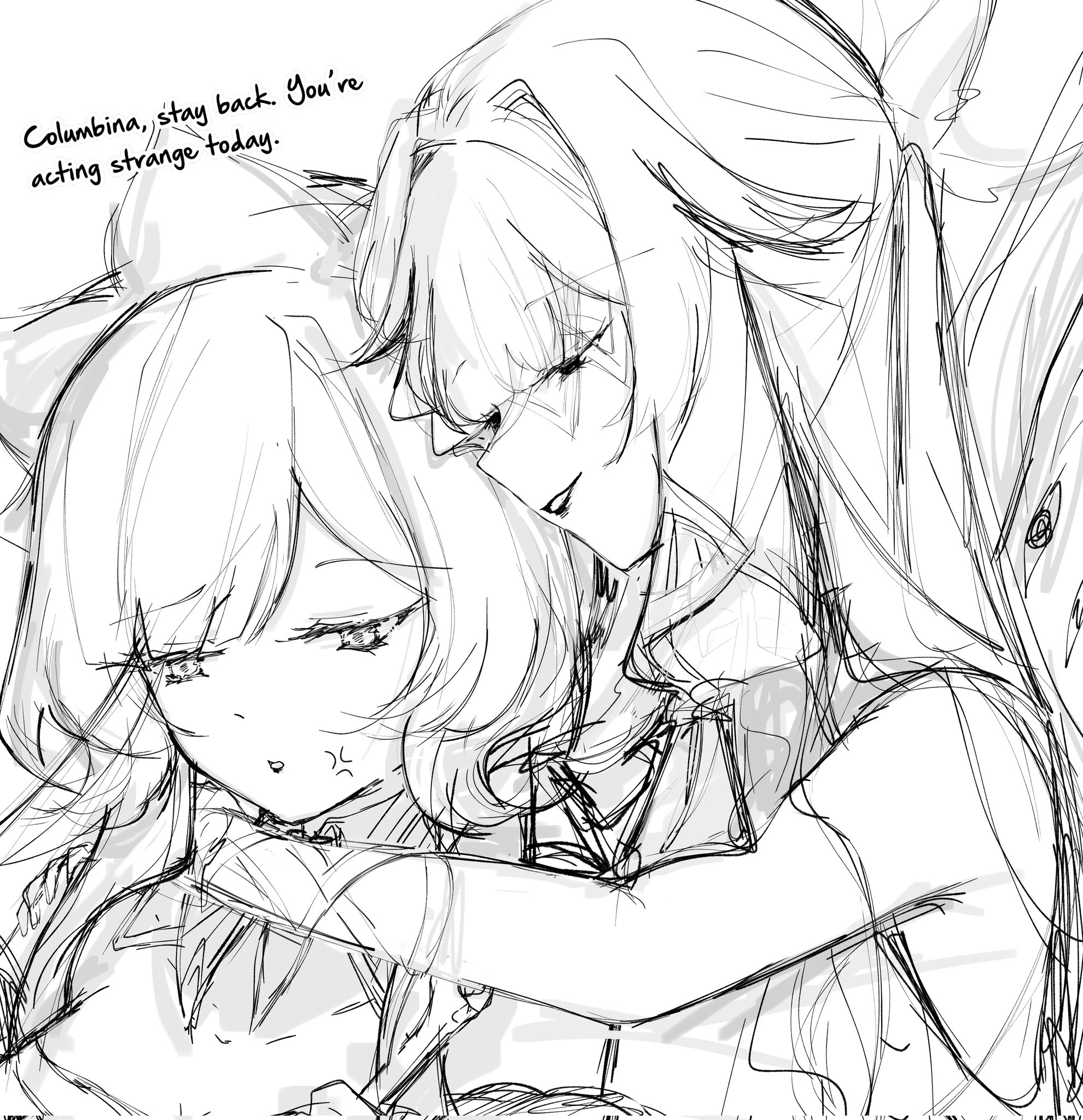 ruruchiin, columbina (genshin impact), sandrone (genshin impact), genshin impact, highres, yuri