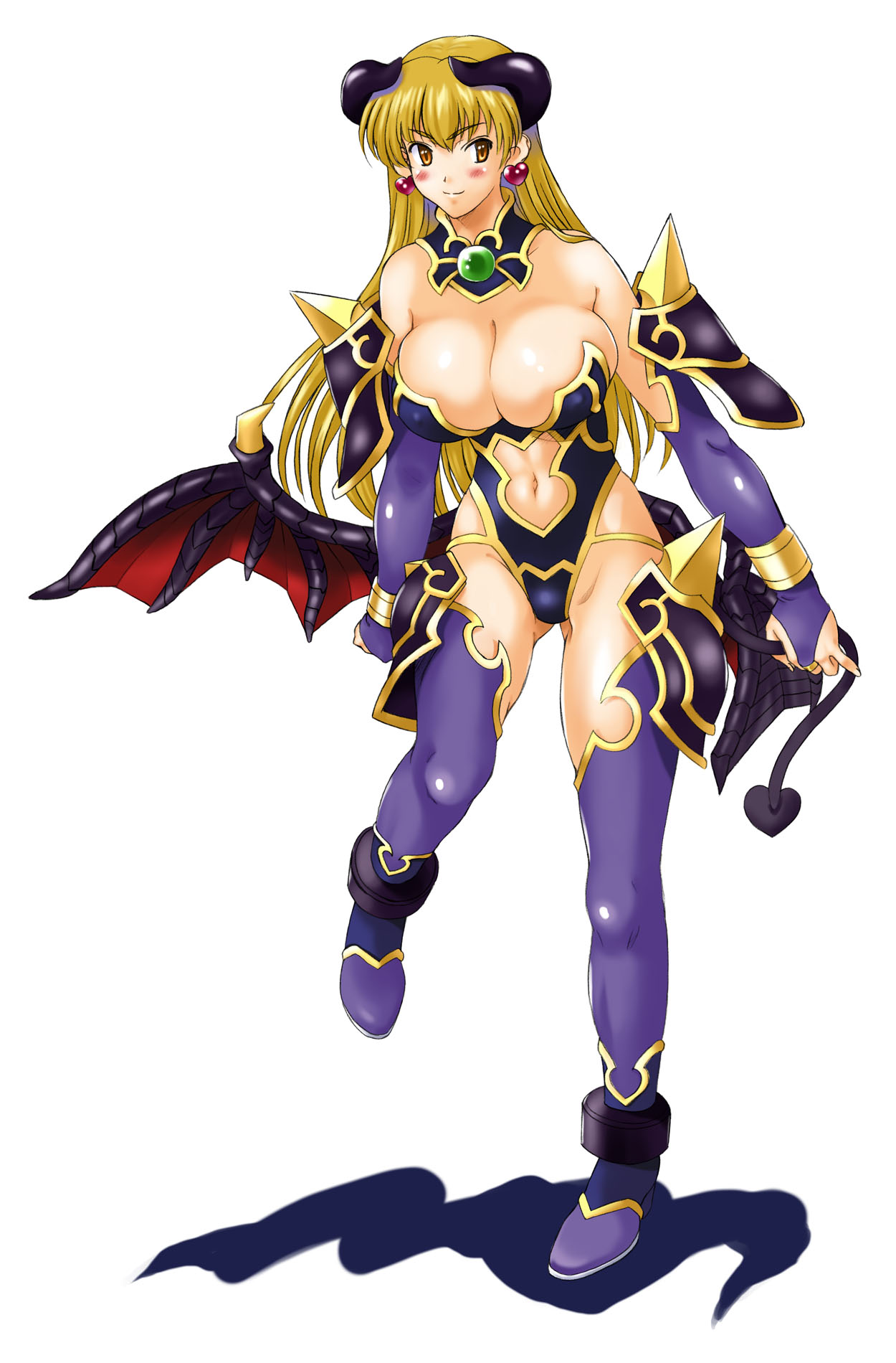 kamia (not found), astaroth (shinrabanshou), matsuoka kiyone, original, shinrabanshou, bad id, bad pixiv id, highres, 1girl, armor, astaroth (cosplay), astaroth (shinrabanshou) (cosplay), blonde hair, blush, boots, breasts, center opening, cleavage, cosplay, demon girl, earrings, elbow gloves, female focus, fingerless gloves, gloves, heart, heart earrings, horns, huge breasts, jewelry, long hair, one-piece swimsuit, orange eyes, purple boots, solo, spikes, swimsuit, tail, thighhighs, wings