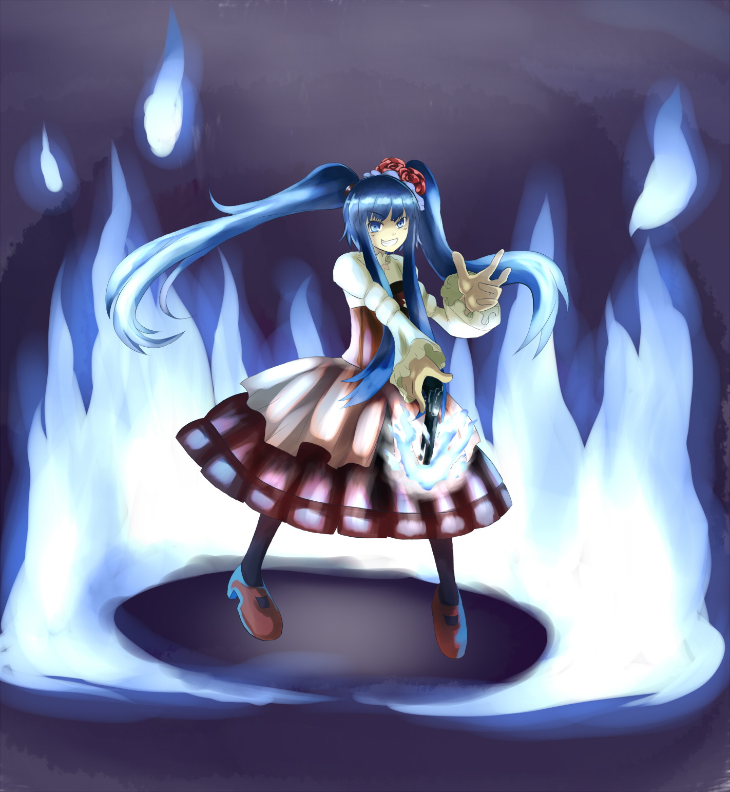 furudo erika, umineko no naku koro ni, bad id, bad pixiv id, highres, 00s, 1girl, blue eyes, blue hair, choker, dress, female focus, fire, full body, grin, gun, hair ornament, long hair, matching hair/eyes, pantyhose, smile, solo, twintails, weapon