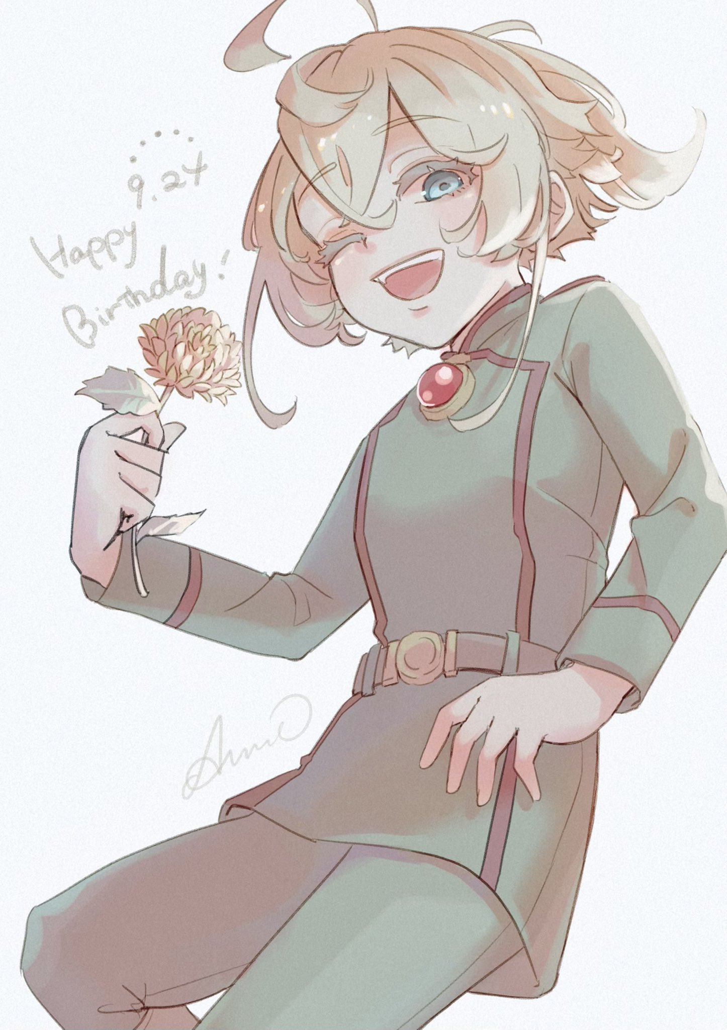 arigano00, tanya degurechaff, youjo senki, commentary request, highres, 1girl, ahoge, artist name, belt, blonde hair, blue eyes, brown belt, cowboy shot, cross, crossed bangs, dated, english text, flower, gem, green jacket, green pants, hair between eyes, hand up, happy, happy birthday, high ponytail, holding, holding flower, huge ahoge, iron cross, jacket, jewelry, leaf, long hair, long sleeves, looking at viewer, military, military jacket, military uniform, one eye closed, open mouth, orange flower, pants, pendant, ponytail, red gemstone, sidelocks, simple background, smile, solo, standing, teeth, white background